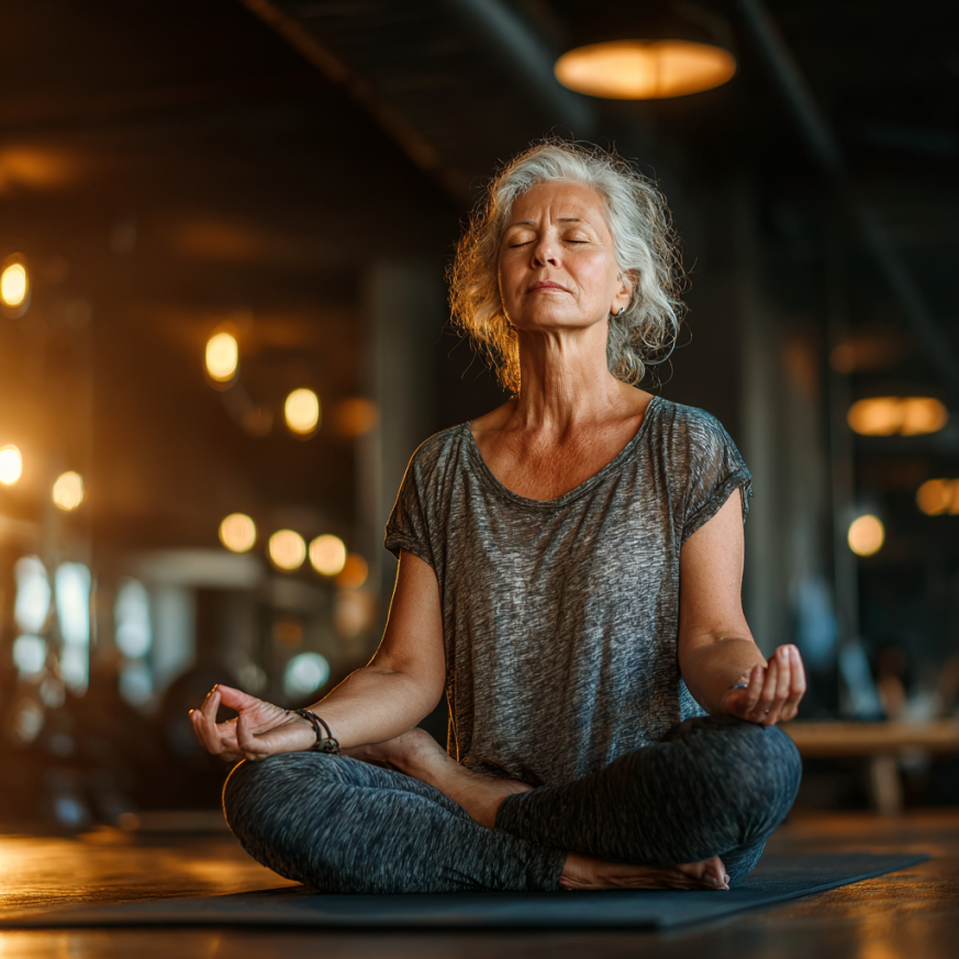 Літня жінка виконує йогу в парку