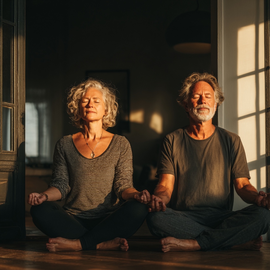 Група літніх людей займається йогою